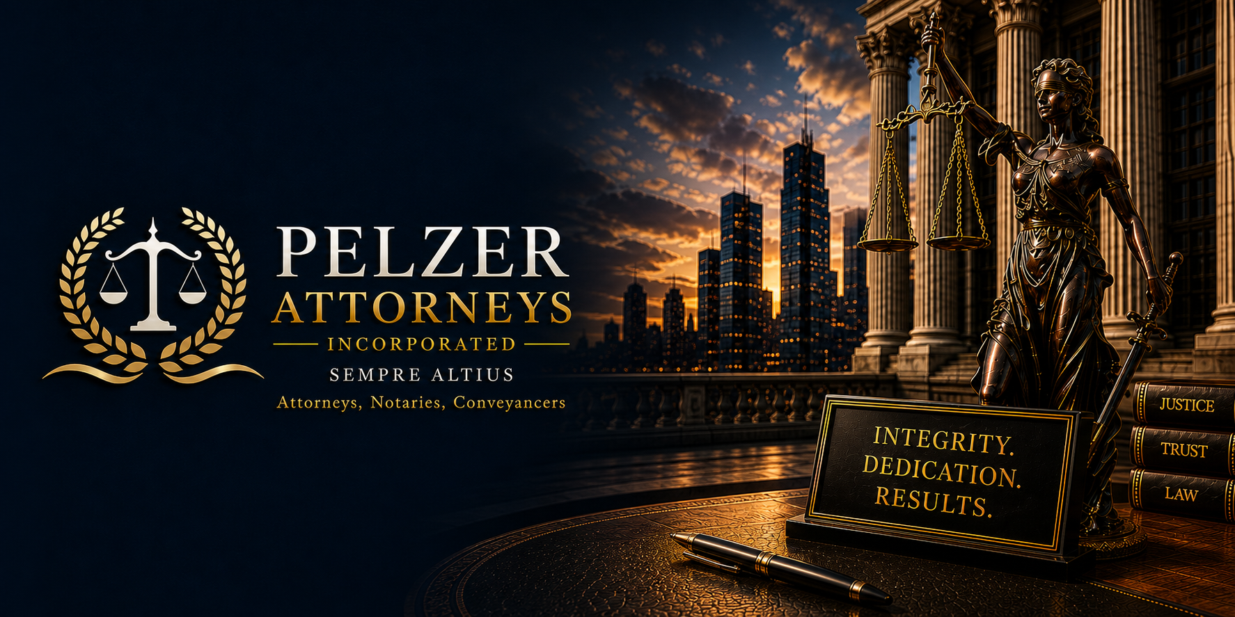 Lady Justice with city skyline for Pelzer Attorneys